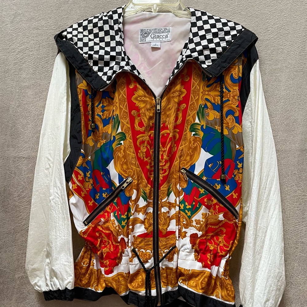 Vintage Multicolor Baroque Oversized Jacket with Checkered Collar